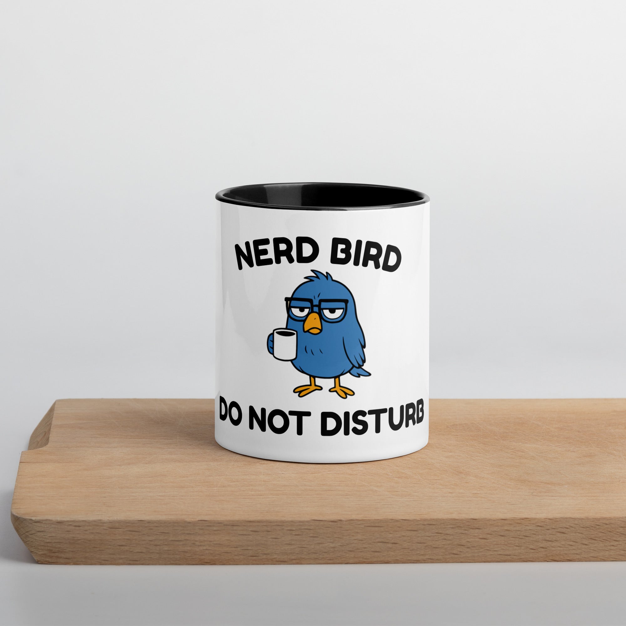 Nerd Bird Mug featuring grumpy cartoon bird with “Do Not Disturb” expression – funny introvert coffee mug