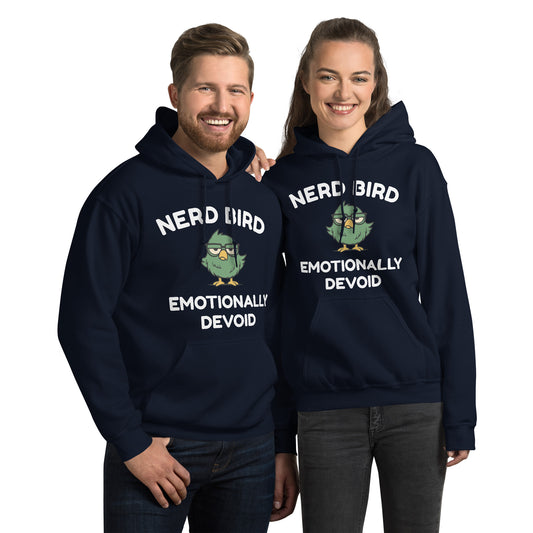 Nerd Bird hoodie featuring cartoon bird and “Emotionally Devoid” slogan – unisex hoodie for introverts
