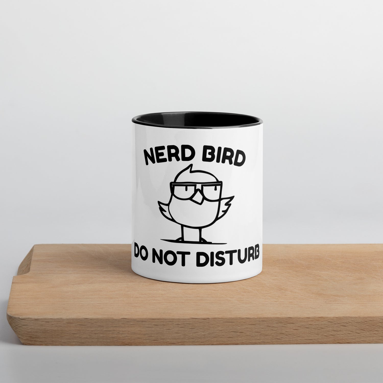 Nerd Bird Mug featuring grumpy cartoon bird with “Do Not Disturb” expression – funny introvert coffee mug
