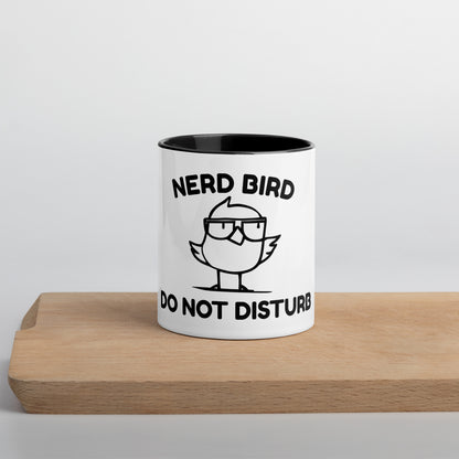 Nerd Bird Mug featuring grumpy cartoon bird with “Do Not Disturb” expression – funny introvert coffee mug
