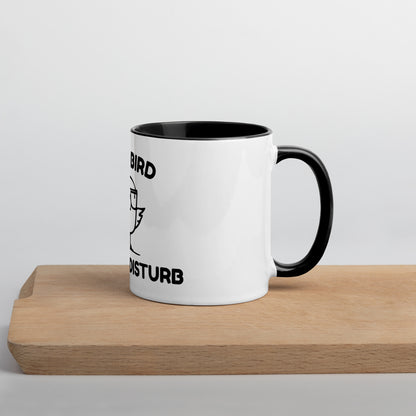 Nerd Bird Mug featuring grumpy cartoon bird with “Do Not Disturb” expression – funny introvert coffee mug

