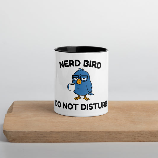 Nerd Bird Mug featuring grumpy cartoon bird with “Do Not Disturb” expression – funny introvert coffee mug